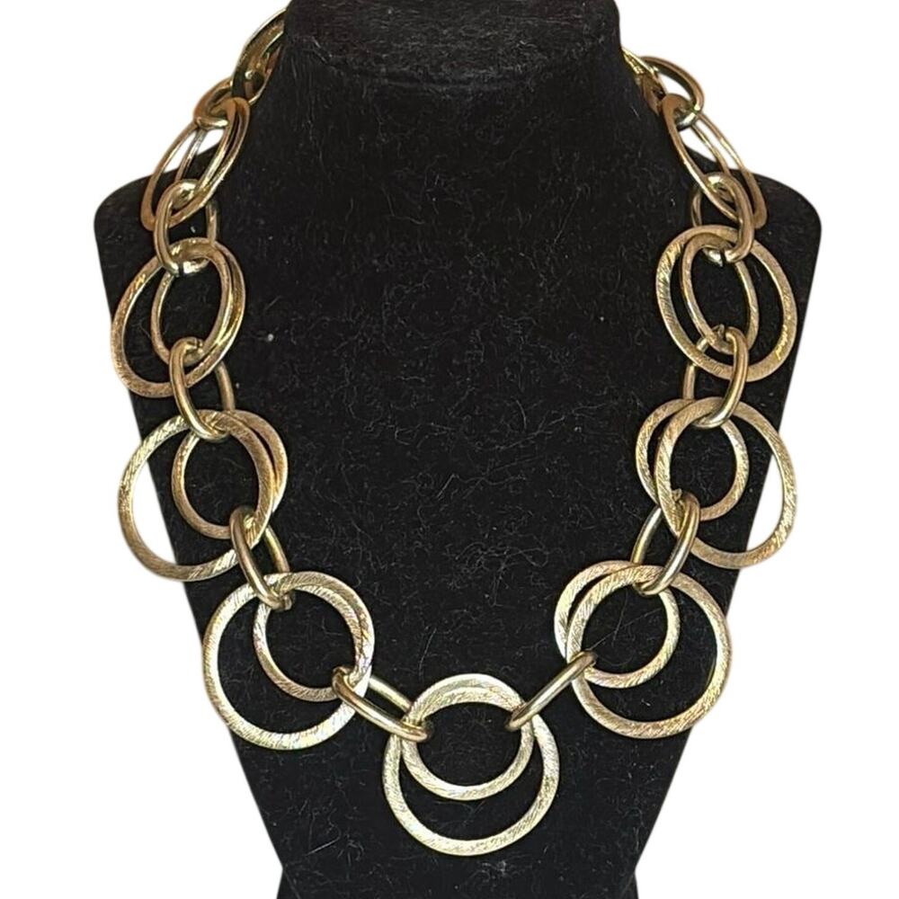 Gold Tone Circle Link Statement Necklace Brushed Finish Chunky 18”